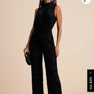 Elegant Black Velvet Jacquard Mock Neck Jumpsuit